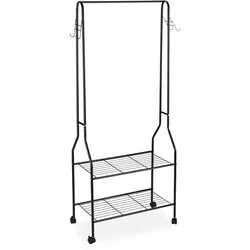 Relaxdays Rollgarderobe, mit 2 Ablagen f. Schuhe, Taschen, Accessoires, Haken, Metall, stabiler Kleiderständer, schwarz