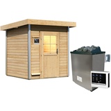 Woodfeeling Karibu Gartensauna Pultdach Saunahaus Torge-9 kW Ofen inkl. Steuergerät-Klassische Saunatür (Klarglas) inkl. 8-teiligem gratis Zubehörpaket (Gesamtwert 191,92€)