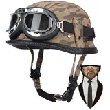 DIRERTYS Deutsche Leder Motorrad Halbhelme Retro Halbschalenhelm JetHelm mit Visier Schnellverschluss Schnalle für Cruiser Chopper Biker Moped DOT/ECE-Zulassung