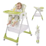 Hochstuhl Baby Klappbar, Kinderhochstuhl mit Fußstütze, Rädern, Verstellbare Höhe und Rückenlehne, 5 Höheneinstellungen, Vielseitiger Hochstuhl Baby ab Geburt