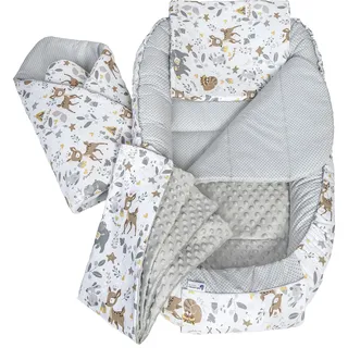 Medi Partners 5 teilig Babynestchen Set Babynest 100x60x15 herausnehmbarer Einsatz Bett Kuschelnest Krabbeldecke Babys Neugeborene 100% Baumwolle (REH mit Grauem Minky)