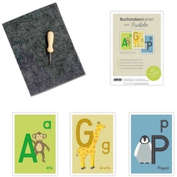 LK Trend & Style Bastelkartonpapier Familienmomente 26 Buchstabenkarten zum Prickeln ABC mit Tiermotiven DIN A6 – Geschenkidee für die Einschulung (Schultüte/Zuckertüte) Schulanfang, 100% Recyclingpapier bunt