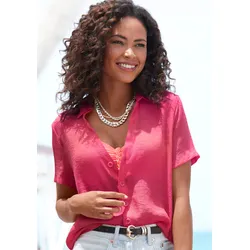 Kurzarmbluse, mit Hemdkragen und Knopfleiste, Hemdbluse, Strandmode, Gr. 46, pink, , 25059465-46