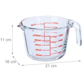 Relaxdays Messbecher Glas, 1 Liter, hitzebeständig, mikrowellengeeignet, Skala in ml, Cups, oz, Litermaß, transparent