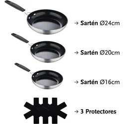 Masterpro - Set mit 3 Bratpfannen Ø16-Ø20-Ø24 cm und 3 antihaftbeschichteten Schutzvorrichtungen aus geschmiedetem Aluminium
