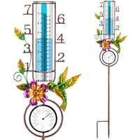 SYSUVANA Regenmesser, 17,8 cm Kapazität, Glas-Regenmesser im Freien mit großen Zahlen, abnehmbare Regenmesser mit Pfahl für Hof, Garten, Rasen (Thermometer)