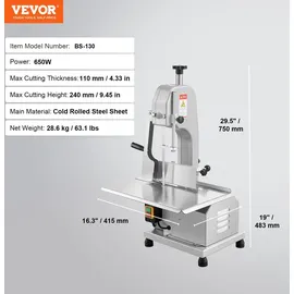 Vevor Kommerzielle elektrische Fleischbandsäge Knochenschneidemaschine, 650 W Tisch-Knochensäge, 315 x 460 mm Werkbank, Gefrierfleischschneider für Schweinefleisch Rindfleisch Silber