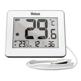 MEBUS digitales Thermometer mit kabelgebundenem Außensensor misst Temperatur Innen und Außen, Uhrzeit, Min-/Max-Werte, Gehäuserahmen aus Metall, Farbe: Weiß, Modell: 01074