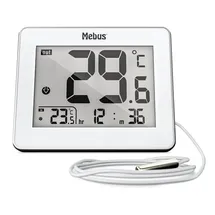 MEBUS digitales Thermometer mit kabelgebundenem Außensensor misst Temperatur Innen und Außen, Uhrzeit, Min-/Max-Werte, Gehäuserahmen aus Metall, Farbe: Weiß, Modell: 01074