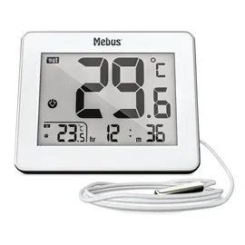MEBUS digitales Thermometer mit kabelgebundenem Außensensor misst Temperatur Innen und Außen, Uhrzeit, Min-/Max-Werte, Gehäuserahmen aus Metall, Farbe: Weiß, Modell: 01074