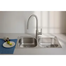 OEM Doppelspüle links Einbau Edelstahl 780 x 430 mm Handbetätigung