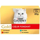 GOURMET Gold | Erwachsene Katze | Fondant Herz | Thunfisch, Lachs, Rind, Huhn | 12 x 85 g | Dose