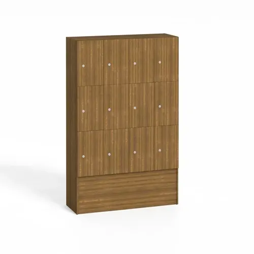 Holzspind S5 mit Ablagefächern, 12 Fächer, 1700 x 1200 x 420 mm, Zylinderschloss, Nussbaum