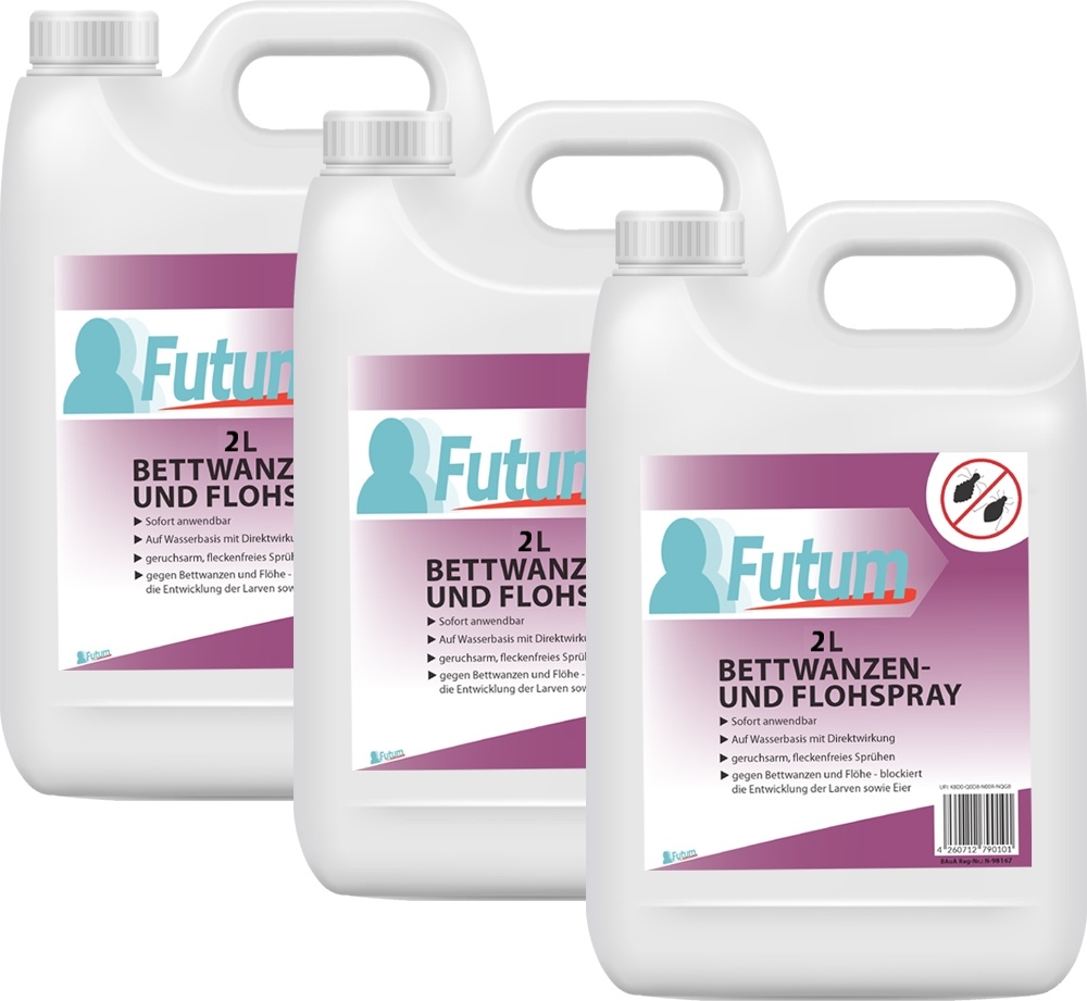 Futum 3x2 Liter Bettwanzen- / Flohspray bekämpft Eier, Larven, Insekten auf Wasserbasis, geruchsarm, Sofortwirkung ohne Flecken F100440-06