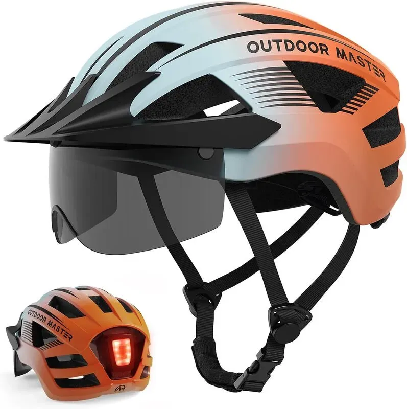 OutdoorMaster Fahrradhelm RhinoUrban mit Brille & Licht Blau-Orange Farbverlauf Größe M 54-58cm