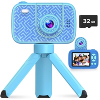 HOFIT Kinderkamera mit hochklappbarem Objektiv, Geschenke Junge, 1080P HD-Digitalkamera Kinder, 32 GB SD-Karte, Blitzlampe, Videorecorder, Kinder Kamera Spielzeug ab 3-12 Jahre Junge