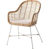 home24 Armlehnenstuhl - (Inkl. Sitzkissen) - Rattan / Metall - Rattan / Weiß - Braun