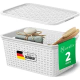 Novaliv 2er Set Eleganter Aufbewahrungskorb mit Deckel in Rattan-Optik | Weiß Lebensmittelecht Kunststoff 5L – Perfekt für Bad & Kleidungsaufbe...