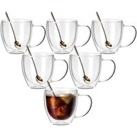 JNSMFC Doppelwandige Cappuccino Gläser mit 6 Löffel und Griff,6er Set 250ml,Doppelwandige Latte Macchiato Gläser groß,Kaffeetassen Glas,Cappuccino Gläser für Kaffee,Espresso,Latte,Tee,Milch,Bier,Eis