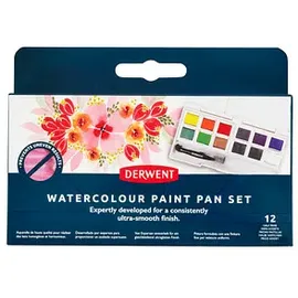 Derwent Wasserfarbkasten 12 halbe Näpfchen und eine Derwent Mini Waterbrush in einer kompakten Palette mit Mischschale
