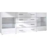 Vladon Sideboard Bari V2 (Kommode mit 2 Türen, 4 Schubladen und 2 flexible Glaseinlegeböden), Weiß matt/Weiß Hochglanz (166 x 72 x 35) weiß