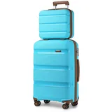 KONO Reisekoffer Handgepäck Koffer Trolley mit Kosmetikkoffer Beautycase Gepäck-Sets, Kleiner Koffer mit Rollen and TSA Schloss (Handgepäck mit Kosmetikkoffer, Blau/Braun)