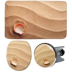 Badaccessoire-Set SANILO "Clam", beige (natur, braun), Holz, Polyester, Kunststoff, Badaccessoires-Sets, bestehend aus WC-Sitz, Badteppich und Waschbeckenstöpsel