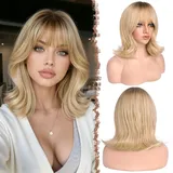 FESHFEN Bob Perücke mit Pony - Wellig Kurze Blonde Perücken für Frauen Synthetische Natürlich Haarperücke Geschichtete Wellen Wigs für Tägliche Party, Ombré Blond