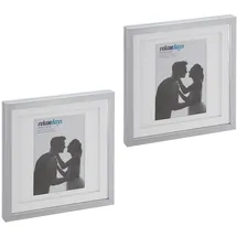 Relaxdays Bilderrahmen 2er Set, 25x25 cm, quadratisch, Fotorahmen zum Aufhängen oder Hinstellen, Passepartout, silber