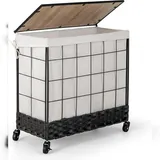 Costway Wäschekorb mit 2 Fächern, 130 L, Waschmaschine mit Deckel, Waschsorter mit abschließbaren Rädern