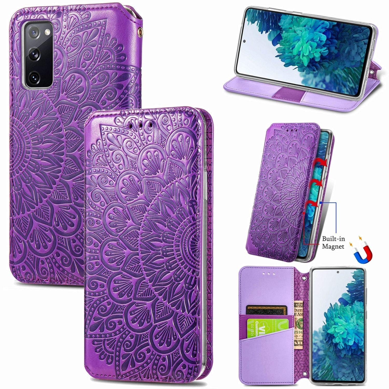 König Design Handyhülle kompatibel für Samsung Galaxy S20 FE Schutztasche Case Cover Wallet Mandala Violett