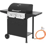 Royal Gourmet Gasgrill Grillwagen 3 Brenner 9 kW Camping Gaskocher mit Kochplatte, Gartengrill mit Flaschenöffner, Druckminderer und Gasschlauch G... - Schwarz