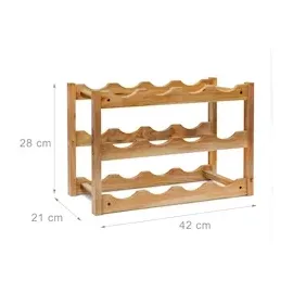 Relaxdays Weinregal Walnuss mit 3 Ebenen für 12 Flaschen Wein, H x B x T: 28 x 21 cm, natürlich, Holz, Holz