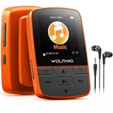 WOLFANG MP3-Player mit Bluetooth 5.2, Sportclip, Mini-Größe, Gewicht 28,3 g, HiF-FM-Radio, Diktiergerät, Kopfhörer im Lieferumfang enthalten, Orange