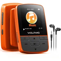 WOLFANG MP3-Player mit Bluetooth 5.2, Sportclip, Mini-Größe, Gewicht 28,3 g, HiF-FM-Radio, Diktiergerät, Kopfhörer im Lieferumfang enthalten, Orange