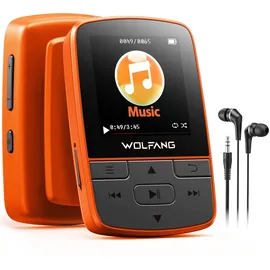 WOLFANG MP3-Player mit Bluetooth 5.2, Sportclip, Mini-Größe, Gewicht 28,3 g, HiF-FM-Radio, Diktiergerät, Kopfhörer im Lieferumfang enthalten, Orange