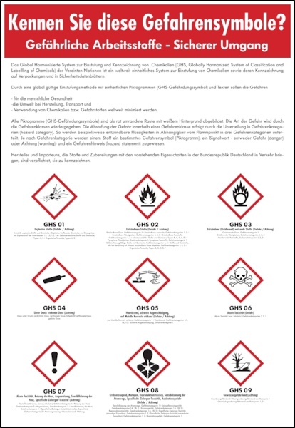 Aushang, Gefährliche Arbeitsstoffe - Sicherer Umgang - GHS Symbole - 410x595x1.5 mm Kunststoff