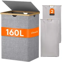 Lifewit 160L Bambus Wäschekorb mit Deckel, Faltbar Wäschesammler 2 Fächer Wäschesortierer mit Abnehmbarem Wäschesack Griffen Wäschebox Laundry Baskets für Waschküche, Schlafzimmer, Grau