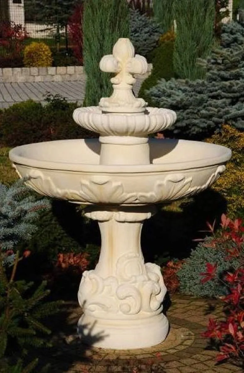 Casa Padrino Barock Springbrunnen Beige Ø 110 x H. 150 cm - Prunkvoller Gartenbrunnen im Barockstil - Runder Gartendeko Stein Brunnen - Barock Garten Deko Accessoires