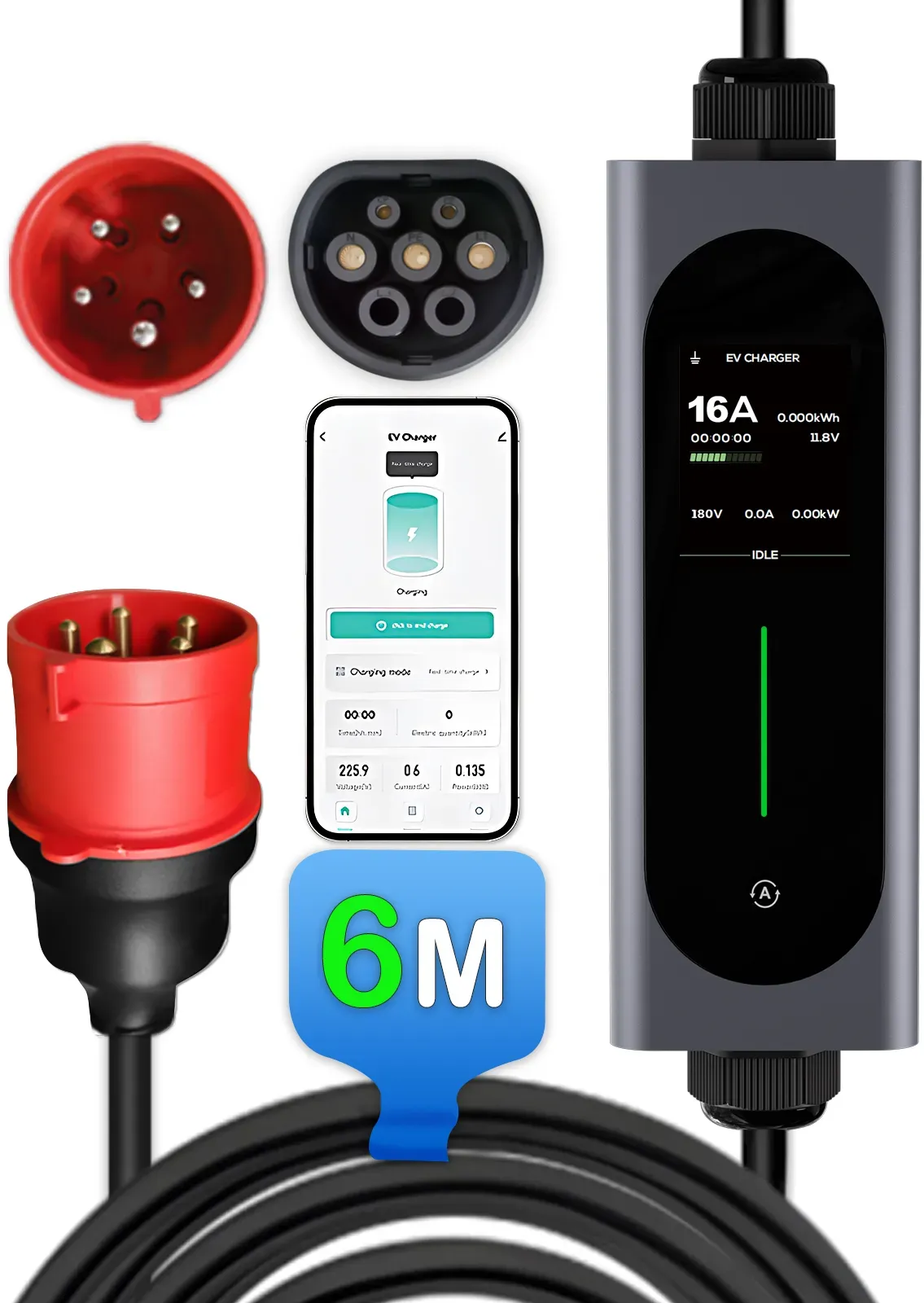 Junsun EV Ladegerät Elektroauto Ladekabel Typ 2 6-32A 3.5KW/11KW/22KW APP-Steuerung - 3-Phasig - 11KW - 6M