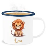 Emaille Becher Blechbecher - Löwen - Zootiere - Löwe König der Tiere Leu - 300 ml - Weiß Blau - name tasse personalisiertes leo personalisierter und löwe. leon tassen löwenmotiv