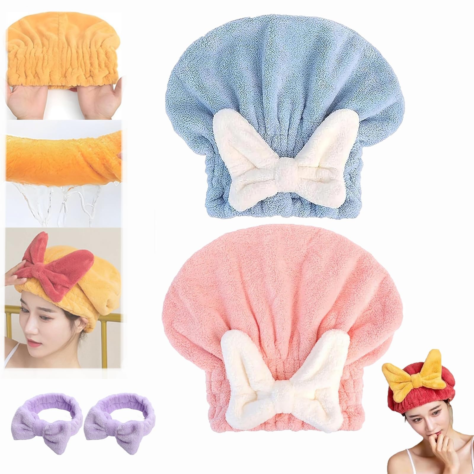 Qosneoun Super Absorbent Hair Towel Wrap for Wet Hair, Microfiber Hair Towel, Quick Dry Microfiber Hair Towel with Bow-Knot Shower Cap, Bath Accessories for Women with Long & Thick Hair (2pcs-A)