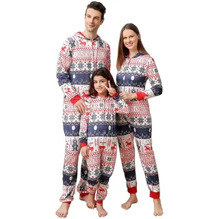 jakloz Weihnachten Schlafanzug Familie Einteiler Onesie Weihnachts Pyjama Set Damen Herren Jungen Jumpsuit Nachtwäsche mit Reißverschluss Kapuze Hausanzug(Damen,S) - S