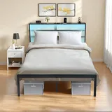 FurnitureR Double Bed Frame, 140 x 200 cm, integriertes Headboard mit Eurostecker, USB-Ladeanschluss, Shelf Headboard, minimalistisches Design für Schlafzimmer, rechteckiges Eisenfuß für erhöhte