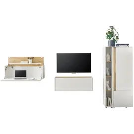 furn.design Wohnwand, Weiß, Eiche Wotan, Kunststoff, Nachbildung,Eiche, Uni, 5 Fächer, 310x158x40 cm, Wohnzimmer, Wohnwände, Anbauwände