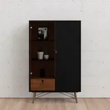 Andas Vitrine ANDAS "Ry Glasvitrine Vitrinenschrank Ausstellung Sammelvitrine", braun (schwarz matt, walnuss), B:101,8cm H:161,8cm T:40,1cm, Spanplatte, Schränke, Vitrine, mit Glastür und einer geschlossenen Tür sowie einer Schublade