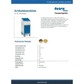 FETRA Rollschrank Metall 1200 mm blau 4 Schubladen