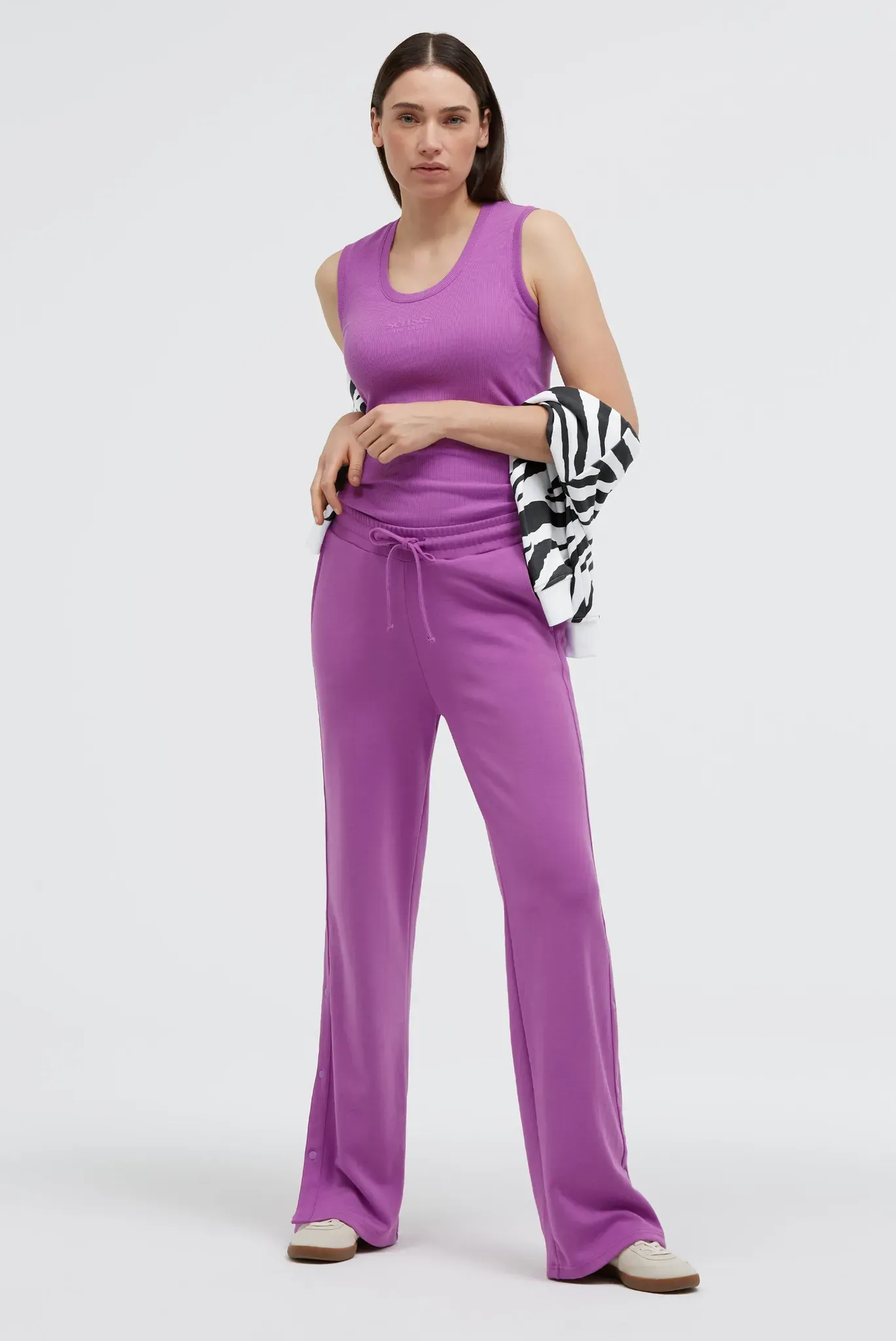 Tanktop SENSES.THE LABEL, Damen, Gr. L, fluro lila, Feinripp, Material: 96% Baumwolle, 4% Elasthan, bedruckt, slim fit normal, Rundhals, Tops Tanktop, mit Baumwolle