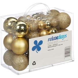Relaxdays Weihnachtskugeln im 50er Set, glitzernde, Matte & glänzende Christbaumkugeln, Kunststoff, ∅ 3, 4 & 6 cm, Gold