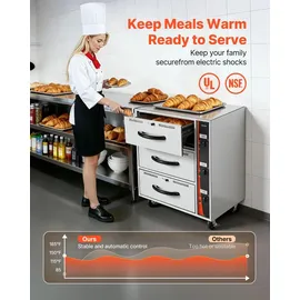 Vevor kommerzieller elektrischer Schubladenwärmer, Speisenwärmer aus Edelstahl mit 3 Schubladen, großer Temperaturbereich von 30–85 °C, für Restaurants, Hotelbuffets und Bäckereien